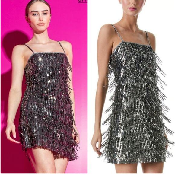 NWT $1000 Alice + Olivia Chicago Sequin Fringe Mini Dress Gunmetal Silver Sz 0 - Picture 1 of 16